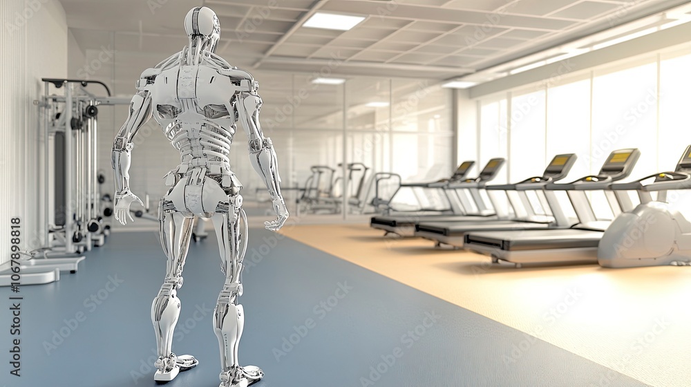Obraz premium Futuristic humanoid robot in modern gym environment
