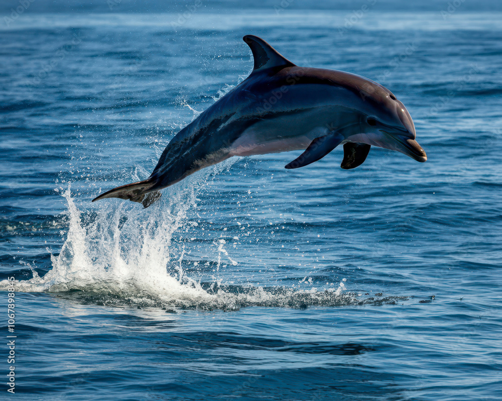 Naklejka premium Sleek dolphin leaps gracefully from the sparkling ocean, its body arcing through the sunlight. The water splashes creating a shimmering halo as the dolphin returns
