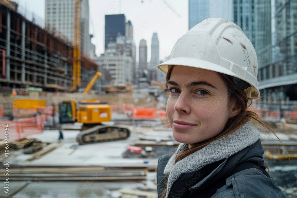 Woman in hard hat oversees construction at a bustling urban site with heavy equipment and towering buildings in the background Woman in hard hat oversees construction at a bustling urban site with heavy equipment and towering buildings in the background