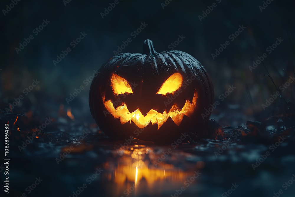 Scary face glowing from inside a carved pumpkin on a dark night Scary face glowing from inside a carved pumpkin on a dark night