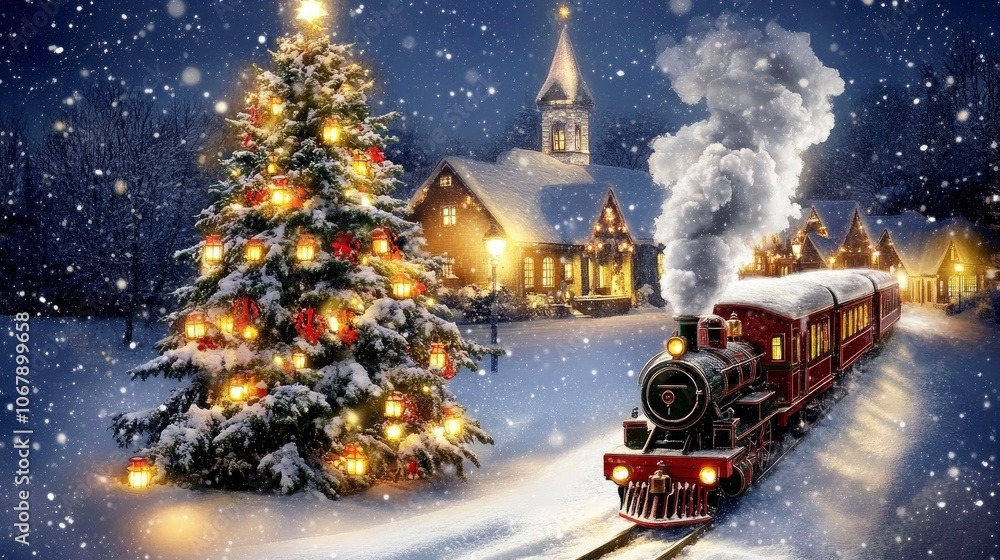 A festive winter scene with a train and decorated christmas tree A festive winter scene with a train and decorated christmas tree