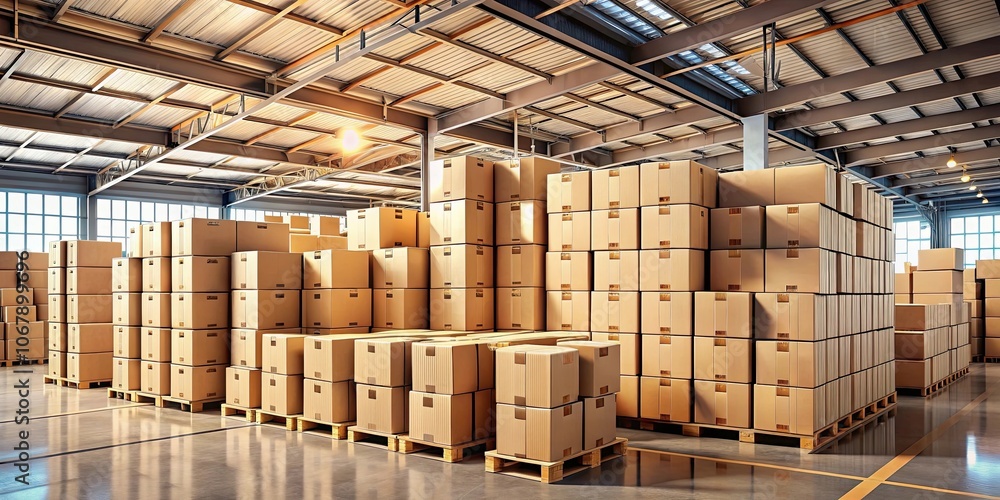 Stacks of cardboard moving boxes piled high in a warehouse , cardboard, moving, boxes, stack, storage