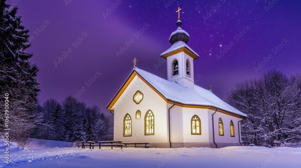 Serene winter night at a beautiful illuminated church in snowy landscape Serene winter night at a beautiful illuminated church in snowy landscape