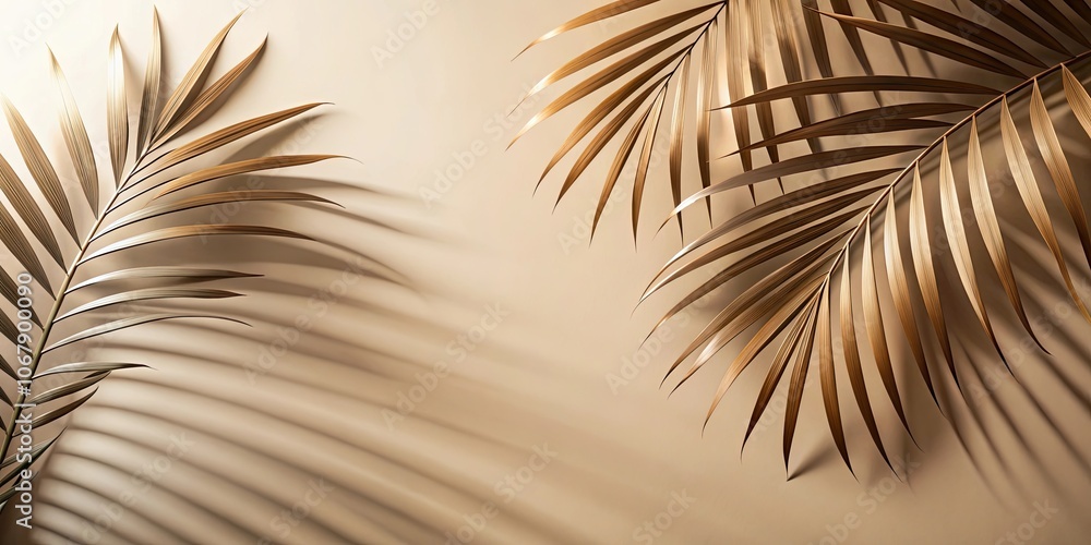Fototapeta premium Palm leaves shadow on beige background, freeze motion, palm leaves, shadow, beige background, freeze motion, tropical