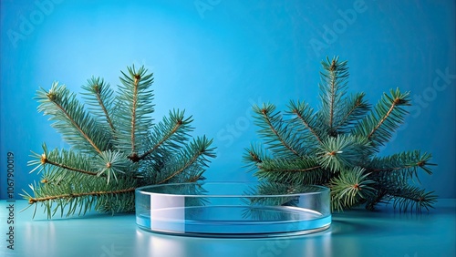 Empty glass podium with blue spruce branches on blue background, glass, podium, empty, round, blue, spruce, branches photo