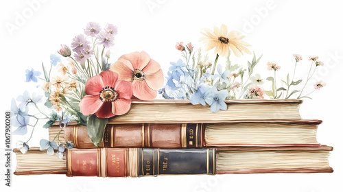 Fototapeta Naklejka Na Ścianę i Meble -  Watercolor old books stack with flowers vintage illustration clipart png. Vintage. Illustration