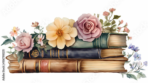 Fototapeta Naklejka Na Ścianę i Meble -  Watercolor old books stack with flowers vintage illustration clipart png. Vintage. Illustration