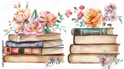 Fototapeta Naklejka Na Ścianę i Meble -  Watercolor old books stack with flowers vintage illustration clipart png. Vintage. Illustration