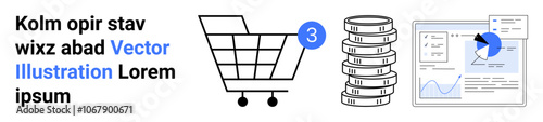 Shopping cart with number 3 badge, stack of coins, and financial analysis with charts. Ideal for e-commerce, finance, business strategy, market trends, online transactions, data analysis. Landing