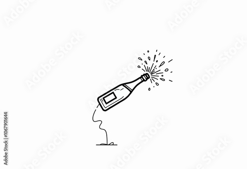 Sparkling Simplicity: One-Line Champagne Bottle Art, Continuous Drawing with Popping Cork, Minimalist Black Stroke, Abstract Splash Design, Vector Celebration Illustration