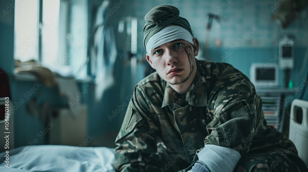 Soldier sitting on hospital bed, bandaged and determined, focused on recovery and resilience, amidst medical equipment. Soldier sitting on hospital bed, bandaged and determined, focused on recovery and resilience, amidst medical equipment.