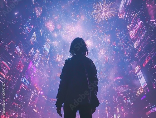 A silhouette of a person against a vibrant, colorful fireworks display.