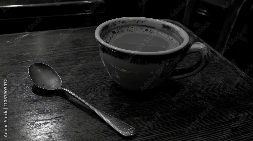 A cup of coffee and a spoon on a wooden table A cup of coffee and a spoon on a wooden table