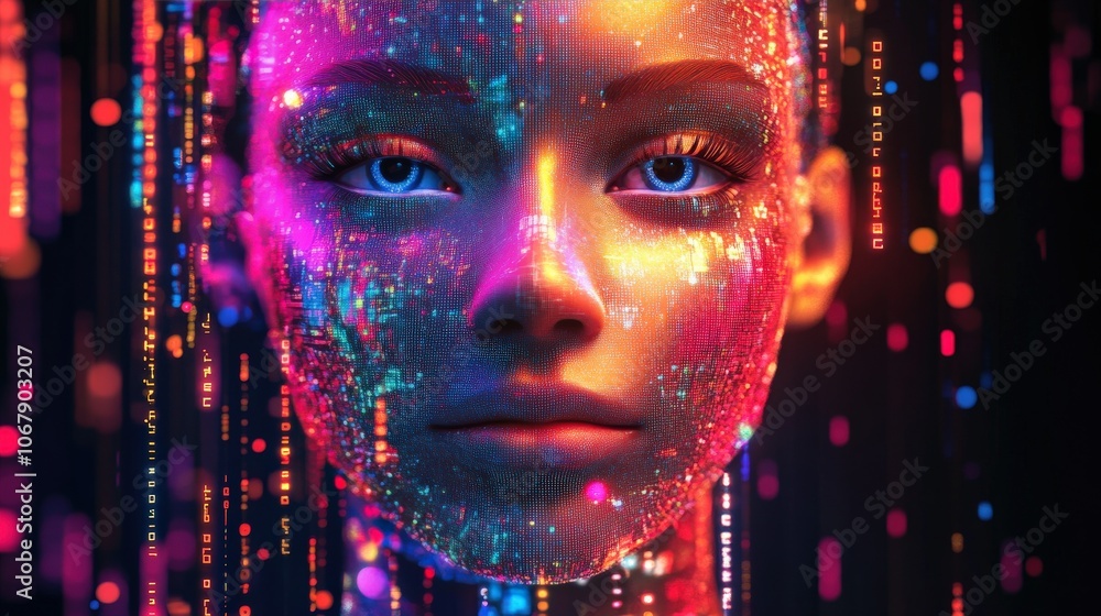 Minimalist Half-Digital AI Face with Vibrant Data Streams Dripping Like Colorful Paint on Dark Background, Emphasizing Modern Technology and Innovation Minimalist Half-Digital AI Face with Vibrant Data Streams Dripping Like Colorful Paint on Dark Background, Emphasizing Modern Technology and Innovation