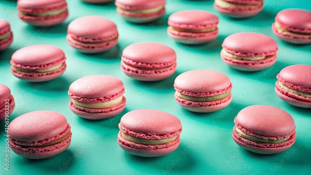 A Row of Pastel Pink Macarons with White Filling on a Turquoise Background A Row of Pastel Pink Macarons with White Filling on a Turquoise Background