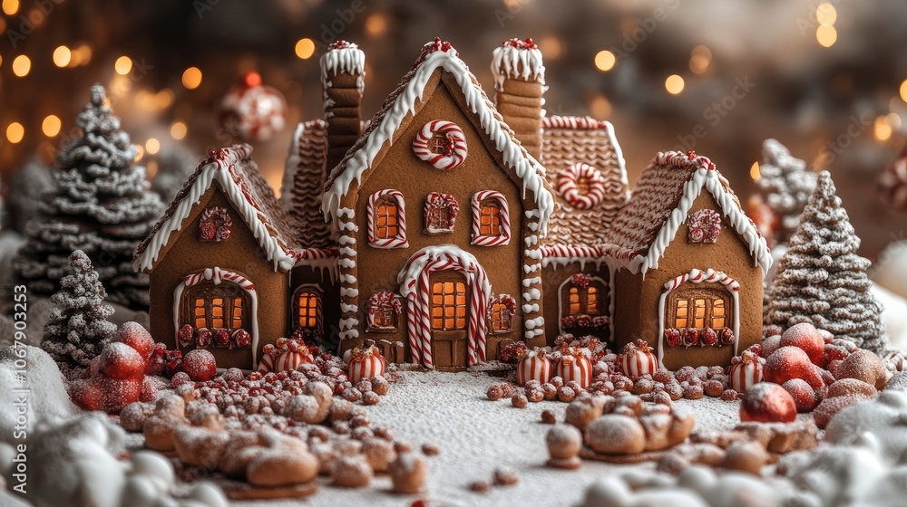 Whimsical gingerbread house with festive decorations and snowy landscape Whimsical gingerbread house with festive decorations and snowy landscape