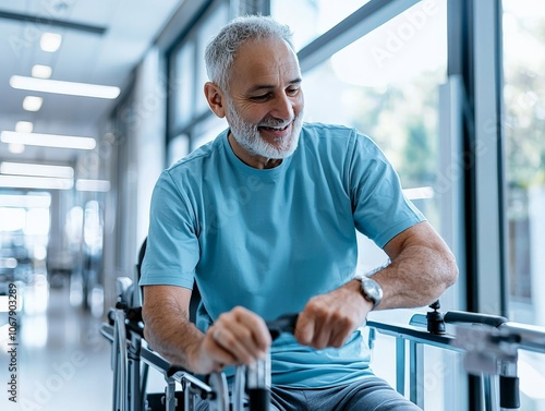 A physical therapist assistant guiding a patient through mobility exercises in a warm, well-equipped therapy center photo