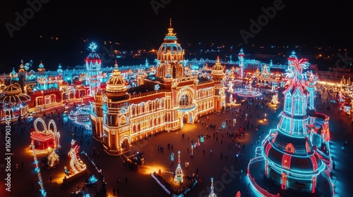 A panoramic view of the iconic Mysore Palace illuminated during the Dussehra festival, capturing its architectural grandeur and festive atmosphere photo