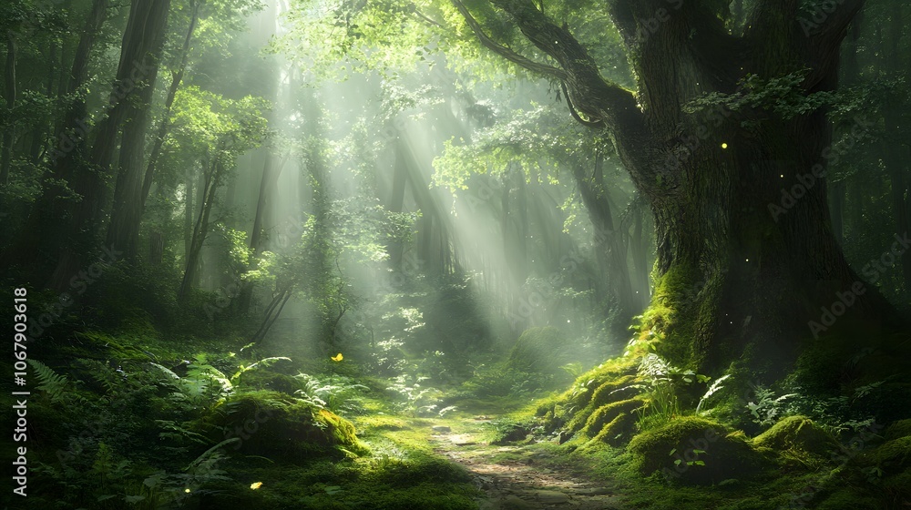 Fototapeta premium Sunbeams Illuminating a Path Through a Lush, Moss-Covered Forest