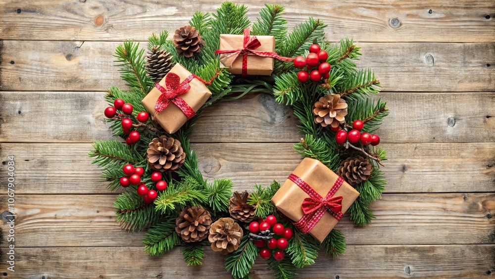 Festive Christmas wreath adorned with red berries, pine cones, and small presents, Christmas, wreath Festive Christmas wreath adorned with red berries, pine cones, and small presents, Christmas, wreath