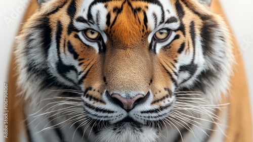 a close up of a white tiger looking a camera on isolated white background