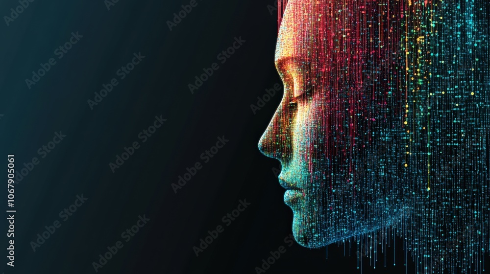 Minimalist Half-Digital AI Face with Vibrant Data Streams Dripping Like Colorful Paint on Dark Background, Emphasizing Modern Technology and Innovation Minimalist Half-Digital AI Face with Vibrant Data Streams Dripping Like Colorful Paint on Dark Background, Emphasizing Modern Technology and Innovation