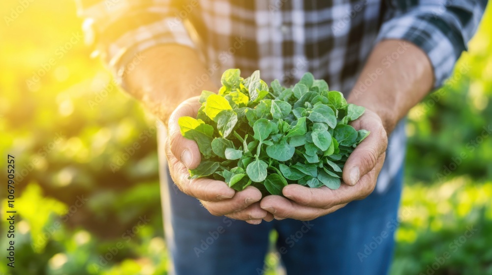 Farmer Holding Fresh Greens in a Lush Field Farmer Holding Fresh Greens in a Lush Field