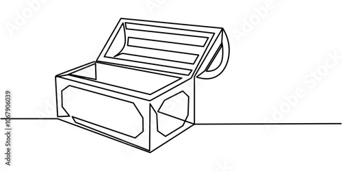 Treasure chest in continuous one line art style. Simple vector illustration, Open empty treasure chest one line continuous. Line art chest. Vector illustration, Treasure chest one line continuous.