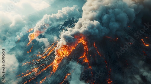 Aerial View of Erupting Volcano with Smoke and Lava Flows