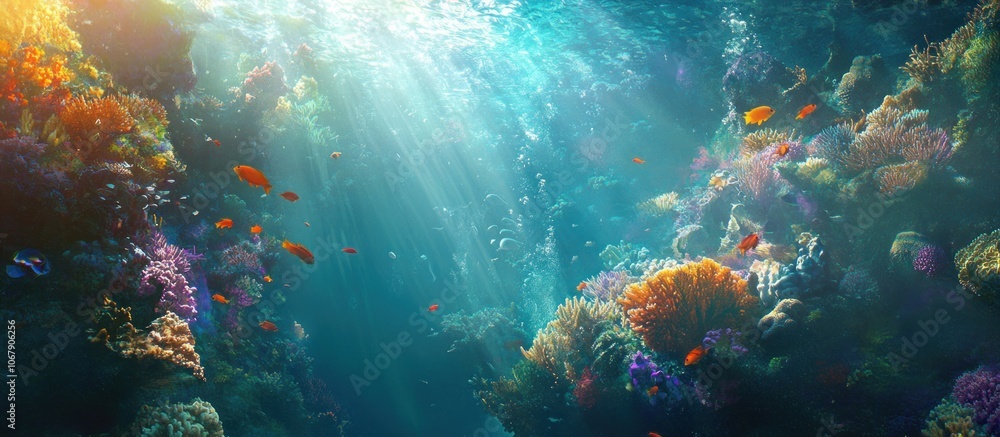 Fototapeta premium Vibrant coral reef with sunlight shining through the water, colorful fish and plants.