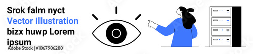 Eye icon with rays, a blue-clad woman pointing at server racks, and text header with placeholder content. Ideal for technology, data management, cybersecurity, informational content, education