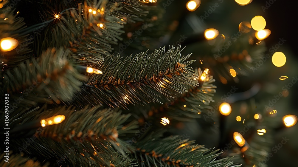 Close-up of a Christmas tree with warm lights and pine needles. Close-up of a Christmas tree with warm lights and pine needles.