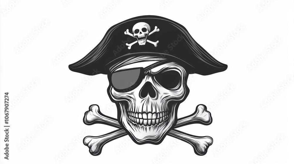 Fototapeta premium Closeup view of skull wearing pirate captain cap with crossing bone. The decoration element for Halloween.