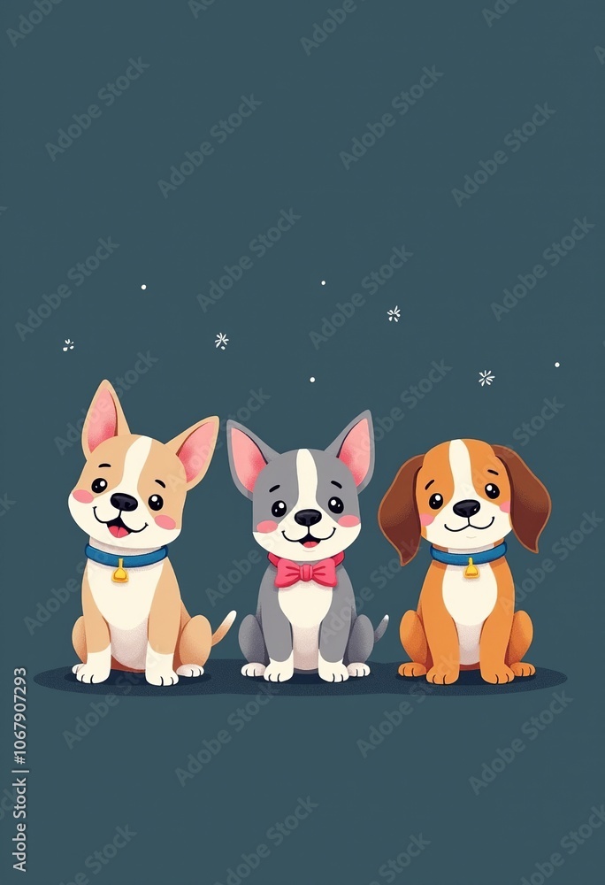 Cute Canine Cartoon: Three Puppies with Pastel Colors - French Bulldog, Grey Dog, Beagle, Simple Flat Design for Children's Books, Cute Canine Cartoon: Three Puppies with Pastel Colors - French Bulldog, Grey Dog, Beagle, Simple Flat Design for Children's Books,