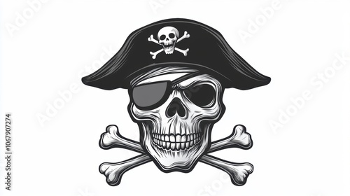 Closeup view of skull wearing pirate captain cap with crossing bone. The decoration element for Halloween.