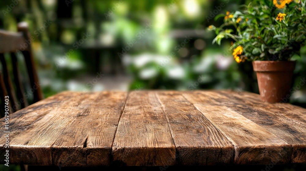 Fototapeta premium Rustic Wooden Tabletop with Blurred Garden Background