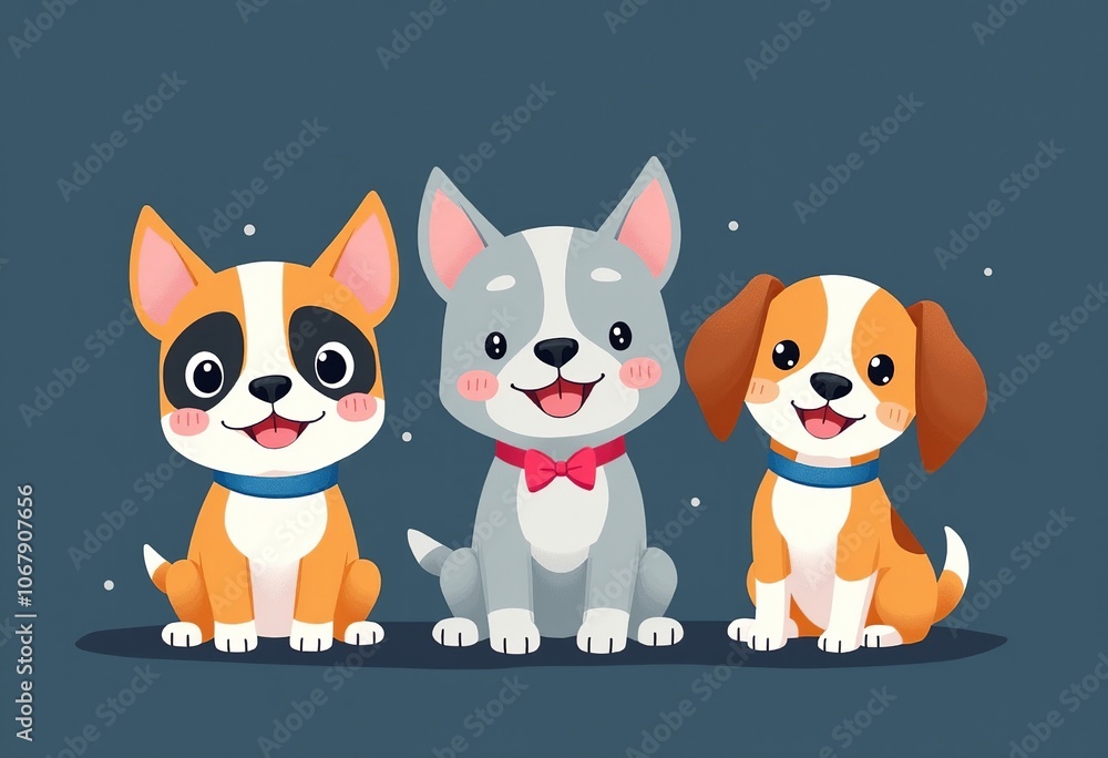 Cheerful Cartoon Canines: Three Puppies with Happy Expressions - Simple Flat Design, Blue and Pink Accessories, Cheerful Cartoon Canines: Three Puppies with Happy Expressions - Simple Flat Design, Blue and Pink Accessories,