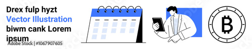 Digital calendar, businessman viewing tablet, Bitcoin coin. Ideal for time management, corporate planning, digital business, finance, technology, cryptocurrency, information tracking Landing page