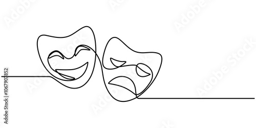 Greek mask one line drawing, opera event symbols continuous hand drawn, mask one line vector isolated design element, theater humor smile mask one line continuous line art, Theater mask tragedy.