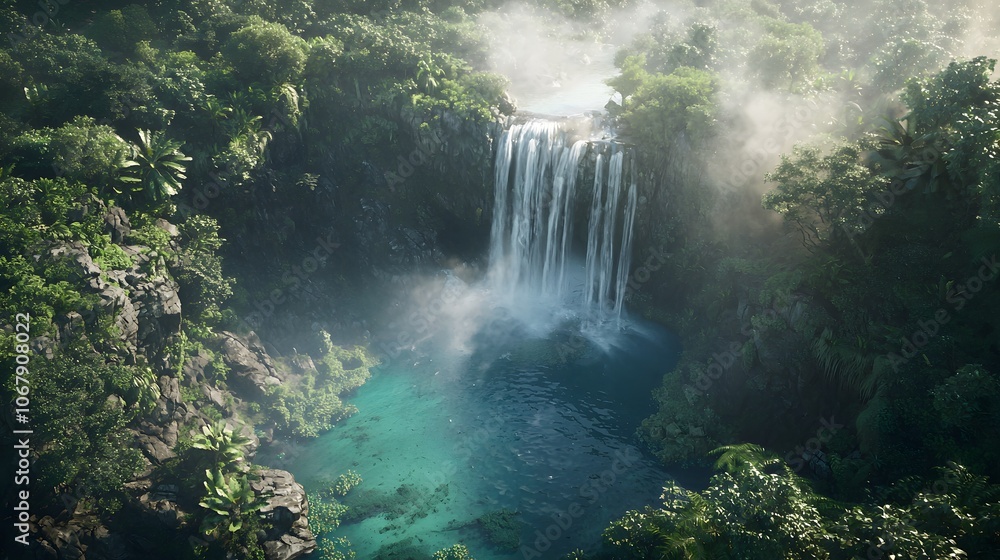 A Tranquil Waterfall Plunges into a Misty Jungle Pool A Tranquil Waterfall Plunges into a Misty Jungle Pool