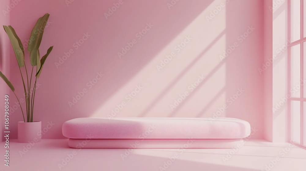Minimalist pink platform with plant in a pink room with natural light. Minimalist pink platform with plant in a pink room with natural light.