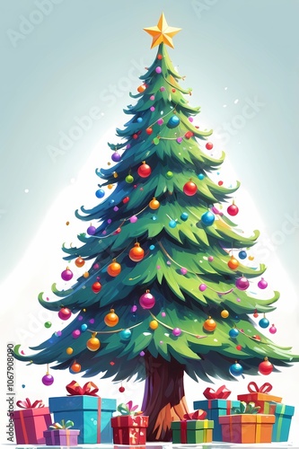 picture of a decorated Christmas tree in cartoon style on a white background