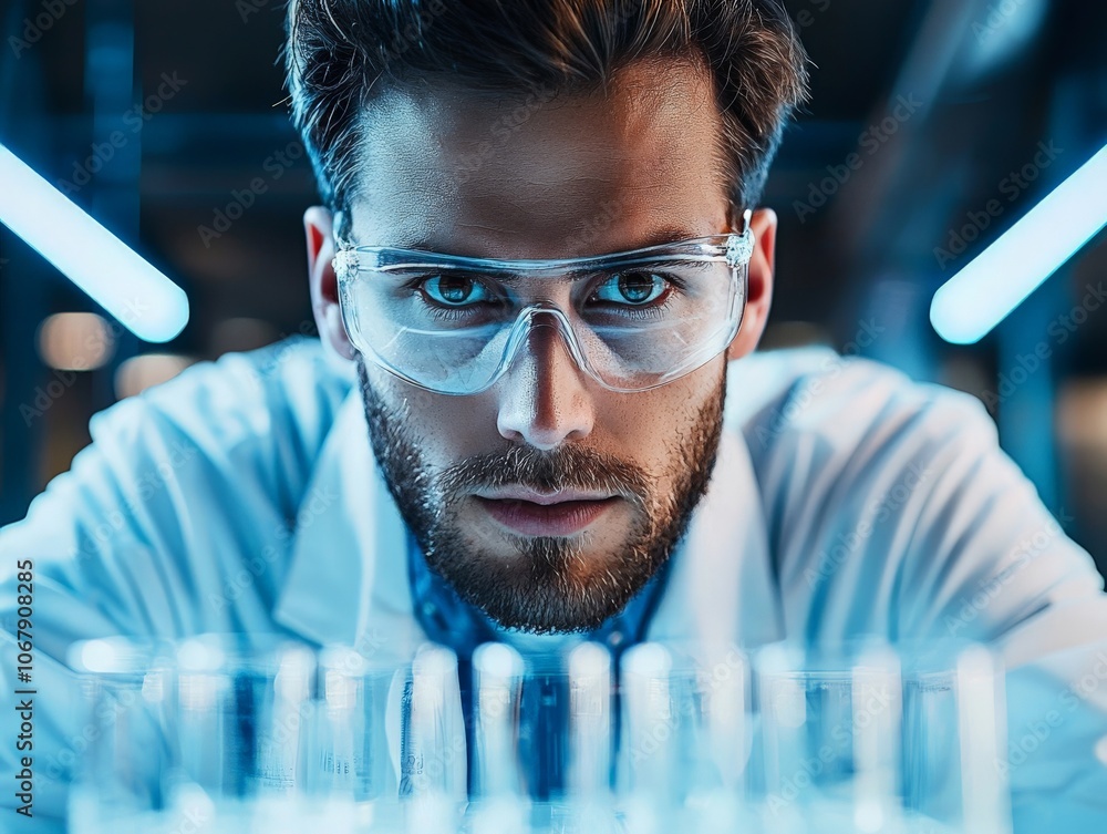 A physicist conducting an experiment in a high-tech laboratory, adjusting equipment and recording data A physicist conducting an experiment in a high-tech laboratory, adjusting equipment and recording data
