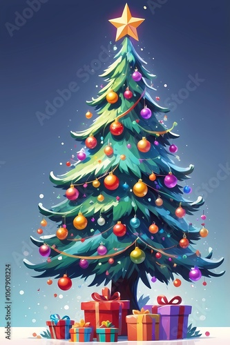 picture of a decorated Christmas tree in cartoon style on a white background