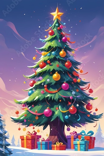 picture of a decorated Christmas tree in cartoon style on a white background