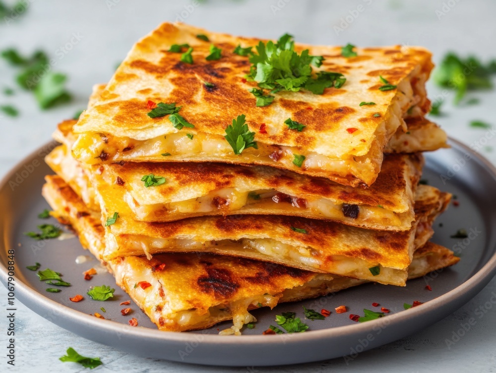 Crispy Quesadilla Wedges on Plate with Fresh Herbs Crispy Quesadilla Wedges on Plate with Fresh Herbs