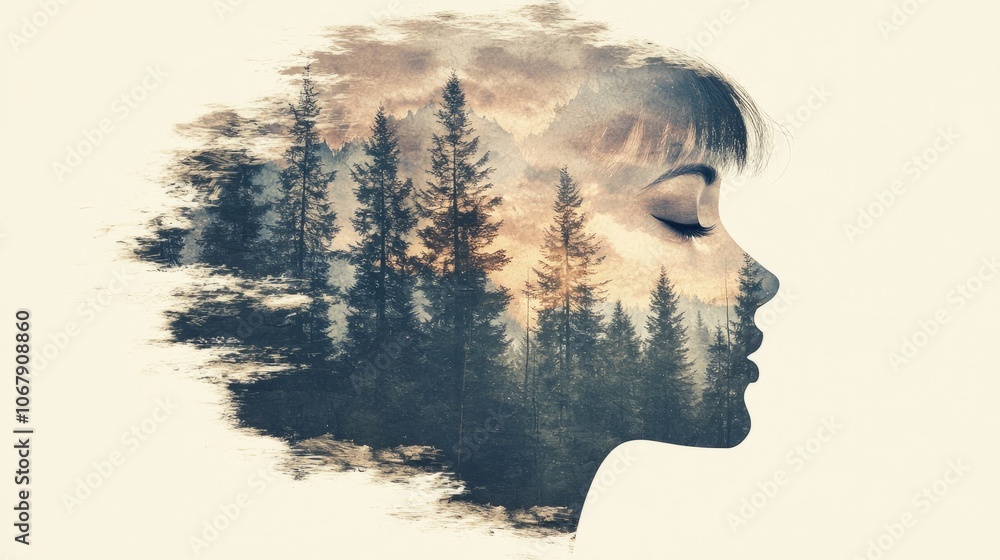A double exposure image blending a woman's profile with a forest landscape. A double exposure image blending a woman's profile with a forest landscape.