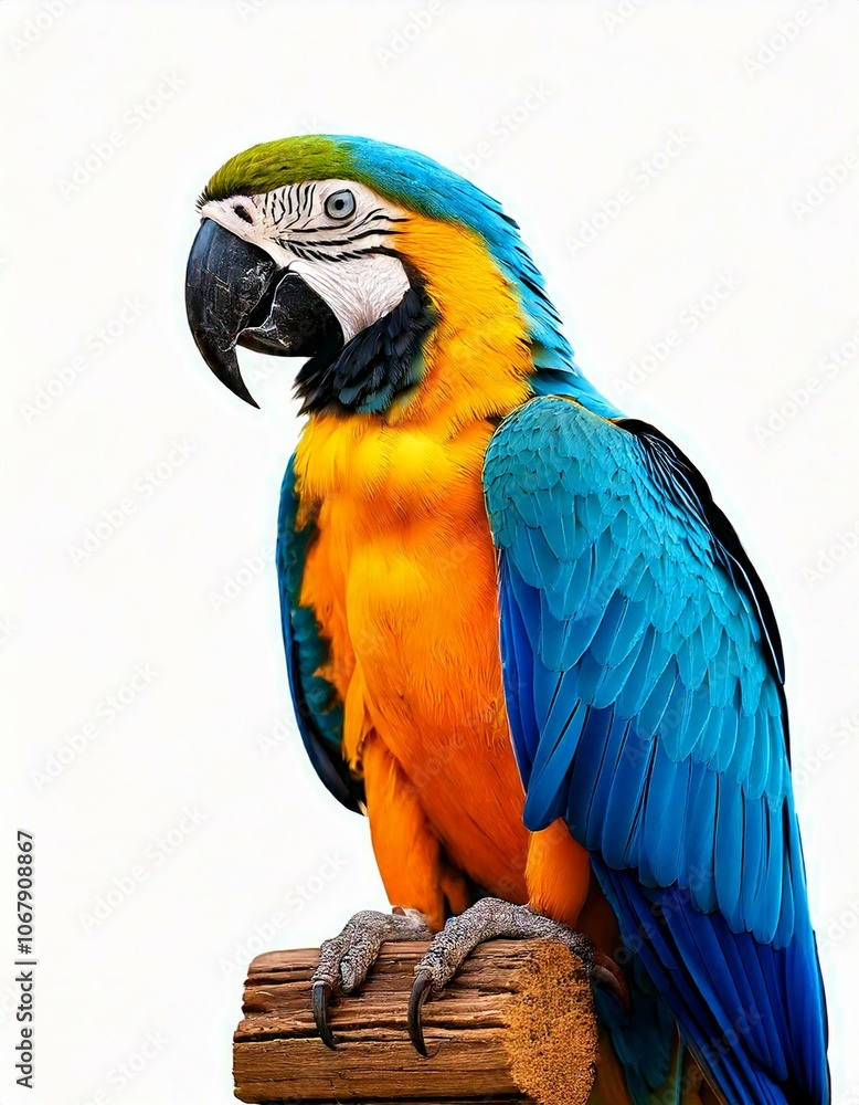 blue and yellow macaw on a branch in white background blue and yellow macaw on a branch in white background