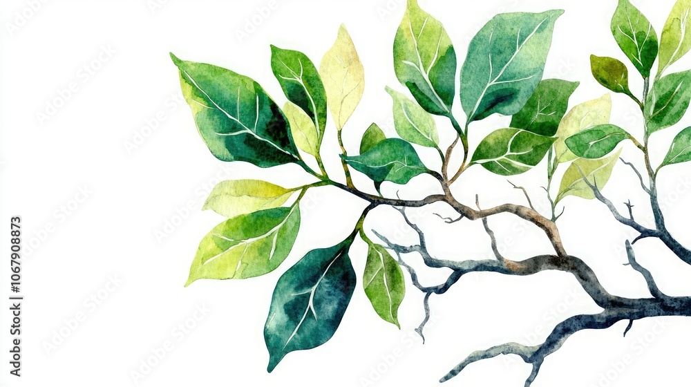 A watercolor illustration of green leaves on a branch, showcasing various shades of green and a natural, organic feel. A watercolor illustration of green leaves on a branch, showcasing various shades of green and a natural, organic feel.