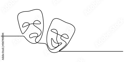 Greek mask one line drawing, opera event symbols continuous hand drawn, mask one line vector isolated design element, theater humor smile mask one line continuous line art, Theater mask tragedy.